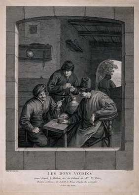 Three men indoors round an inn table with drink, tobacco pipes and cards. Engraving by F. Basan after A. van Ostade.