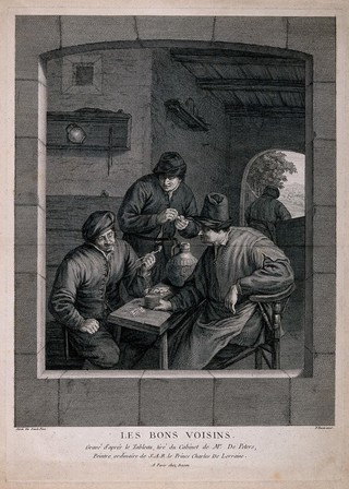 Three men indoors round an inn table with drink, tobacco pipes and cards. Engraving by F. Basan after A. van Ostade.