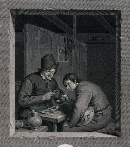 Two men indoors at a small table: one smokes while the other fills his pipe. Engraving by J.G. Wille, 1773, after A. van Ostade.