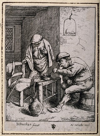 Two men at a table, one lights a pipe and the other stands holding a glass. Etching by D. Deuchar after A. van Ostade.