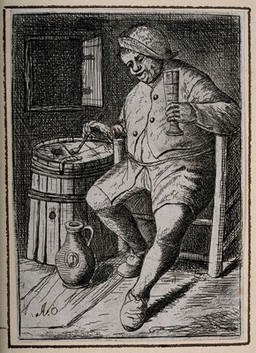 A man sits with a glass in one hand, a pipe in the other and a jug at his feet. Etching by D. Deuchar (?) after A. van Ostade.