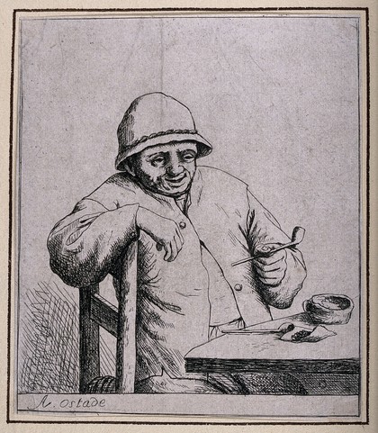 A man sits at a table preparing to smoke his pipe. Etching by D. Deuchar (?) after A. van Ostade.