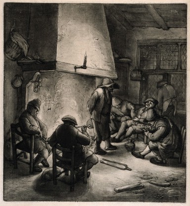Five men sit smoking round a fireplace, another stands with his back to the fire. Mezzotint after A. van Ostade (?).