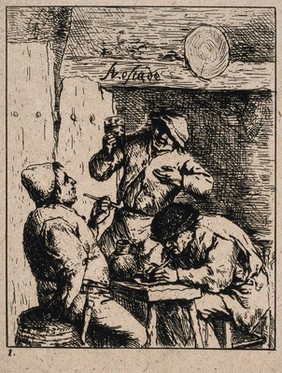 Two men sit smoking at a table, a third stands with glass upraised. Etching after A. van Ostade.