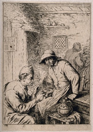 view Two men sit in an inn, one smokes while the other lights his pipe. Etching by Charles Jacque and L. Subercaze after A. van Ostade.