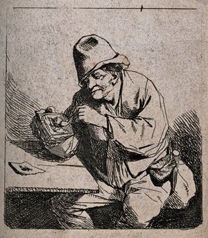 view A man sits at a table lighting his pipe. Etching by D. Deuchar (?) after A. van Ostade (?).