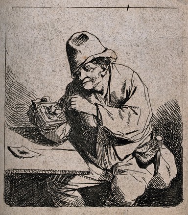 A man sits at a table lighting his pipe. Etching by D. Deuchar (?) after A. van Ostade (?).