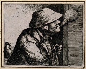 view A man looking out of a window, holding a pipe, exhaling tobacco smoke. Etching by D. Deuchar after A. van Ostade (?).