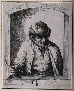 A man with a smoking pipe in hand looking out of a window. Etching by D. Deuchar (?) after A. van Ostade (?).