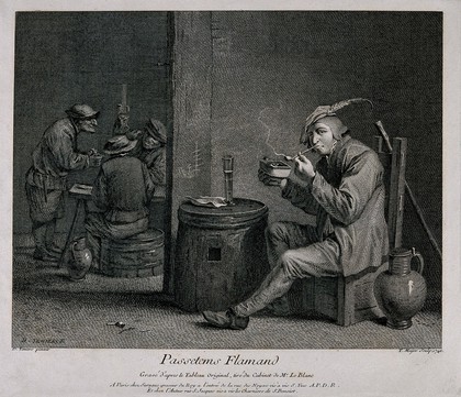 A man sits at a barrel-table to light his pipe, others in the room smoke and drink. Engraving by T. Major, 1746, after D. Teniers.