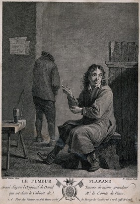A man sits on a stool smoking a pipe, behind a man relieves himself against the wall. Engraving by P. Chenu, 1754, after D. Teniers.