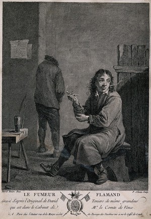 view A man sits on a stool smoking a pipe, behind a man relieves himself against the wall. Engraving by P. Chenu, 1754, after D. Teniers.