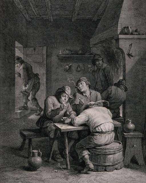 Five Flemish men smoke, drink and sleep in a dingy smoke den. Engraving by D. Sornique, early 18th century, after a painting by D. Teniers, the younger.