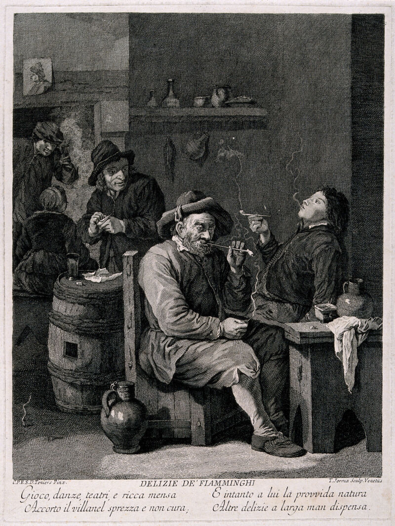 Five Flemish men, old and young alike, smoke and drink in a dingy smoke