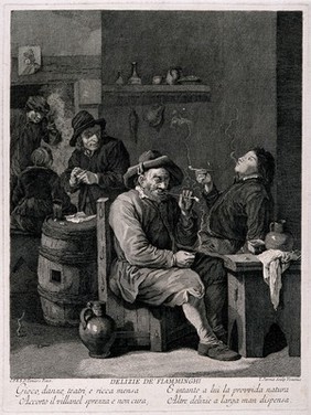 Five Flemish men, old and young alike, smoke and drink in a dingy smoke den. Engraving by T. Jorma (T. Major), 18th century, after a painting by D. Teniers, the younger.