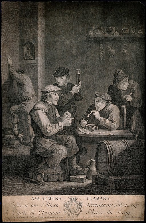 Four Flemish men smoke and drink in a dingy smoke den, a man leans on the wall behind. Engraving by L. Lempereur, late 18th century, after a painting by D. Teniers, the younger.