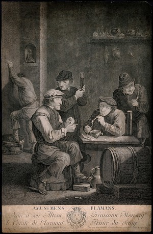 view Four Flemish men smoke and drink in a dingy smoke den, a man leans on the wall behind. Engraving by L. Lempereur, late 18th century, after a painting by D. Teniers, the younger.