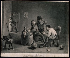 view Three Dutch men drink and smoke round a barrel-table, behind man exits the room. Engraving by P. C. Canot, 18th century, after a painting by D. Teniers, the younger.