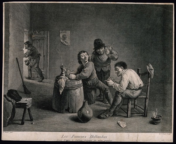 Three Dutch men drink and smoke round a barrel-table, behind man exits the room. Engraving by P. C. Canot, 18th century, after a painting by D. Teniers, the younger.
