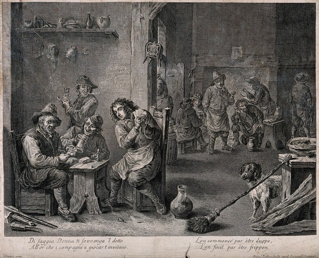 The interior of a dingy smoke den where groups of men smoke, drink and play cards. Engraving by F. del Pedro, 18th century, after a painting by D. Teniers, the younger.