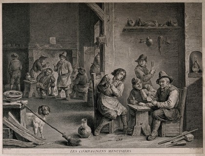 The interior of a dingy smoke den where groups of men smoke, drink and play cards. Engraving by P. Moitte, 18th century, after a painting by D. Teniers, the younger.