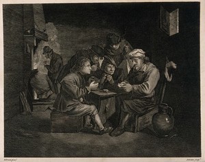 view Five men gather round a table to play cards, drink and smoke in a dingy smoke den. Engraving by J. Goldar after D. Teniers, the younger.