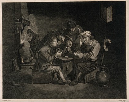 Five men gather round a table to play cards, drink and smoke in a dingy smoke den. Engraving by J. Goldar after D. Teniers, the younger.