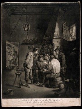 Two men play cards at a table as others watch, smoke and drink in a dingy smoke den. Mezzotint by W. Baillie, 1771, after D. Teniers the younger.