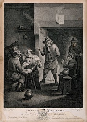 Two men play cards at a table as others watch and smoke by the fire. Engraving by J. Michel, c. 1778, after J. Boydell after D. Teniers, the younger.