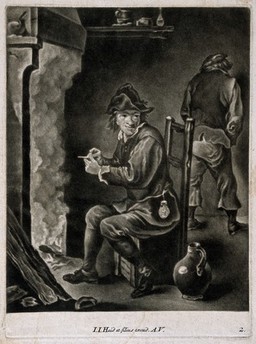 A man sits filling his pipe by the fire, behind a man relieves himself against the wall. Mezzotint by J.J. Haid et filius after D. Teniers, the younger (?).