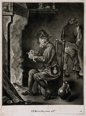 view A man sits filling his pipe by the fire, behind a man relieves himself against the wall. Mezzotint by J.J. Haid et filius after D. Teniers, the younger (?).