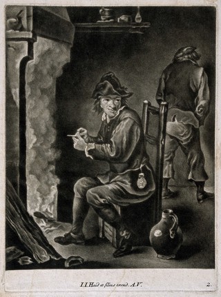 A man sits filling his pipe by the fire, behind a man relieves himself against the wall. Mezzotint by J.J. Haid et filius after D. Teniers, the younger (?).