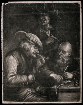 Three men sit and stand by a table to smoke. Mezzotint after D. Teniers, the younger (?).