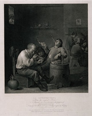 Three men sit smoking at a barrel-table in a dingy smoke-filled den, others play cards. Engraving by R. Cooper, c. 1813, after J.(?) W. Strutt after D. Teniers the younger.