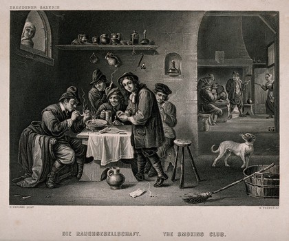 Five men sit indoors smoking and drinking, others play cards. Engraving, mid-19th century, by W. French after D. Teniers.