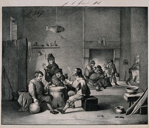 view Four men sit indoors smoking round a barrel-table, others drink by the fireplace. Lithograph after D. Teniers (?).