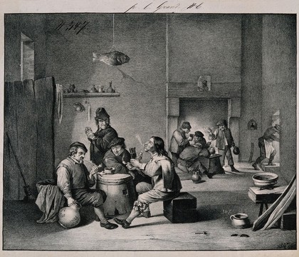 Four men sit indoors smoking round a barrel-table, others drink by the fireplace. Lithograph after D. Teniers (?).