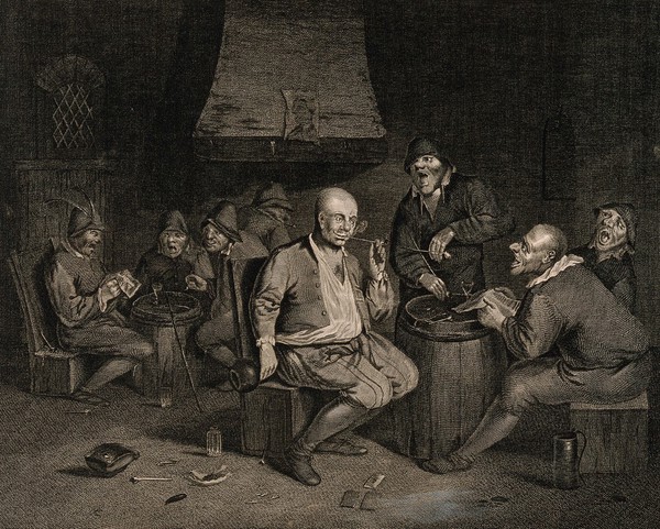 Men smoking, drinking and singing in a dingy smoke den. Engraving by J. Goldar after E. van Heemskerk.