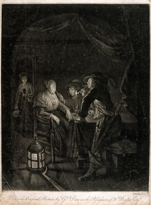 view A sleeping woman being provoked by two men with tobacco pipes. Mezzotint by W. Baillie after G. Dou.