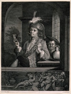 A man sits outside a window to smoke and drink, his servant waits behind him. Stipple engraving by Sailliar, mid-18th century, after G. Dou.