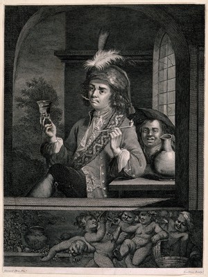 view A man sits outside a window to smoke and drink, his servant waits behind him. Stipple engraving by Sailliar, mid-18th century, after G. Dou.