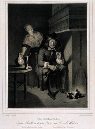 A man sits by a fireplace lighting his pipe with an ember while a servant girl brings his drink. Lithograph by F. Hanfstaengl after G. Metsu.
