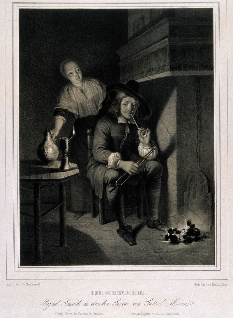 A man sits by a fireplace lighting his pipe with an ember while a servant girl brings his drink. Lithograph by F. Hanfstaengl after G. Metsu., 1800-1899, by Gabriel Metsu