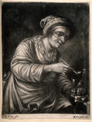 view A woman holding a tobacco pipe and a drinking glass. Mezzotint by B. Lens.