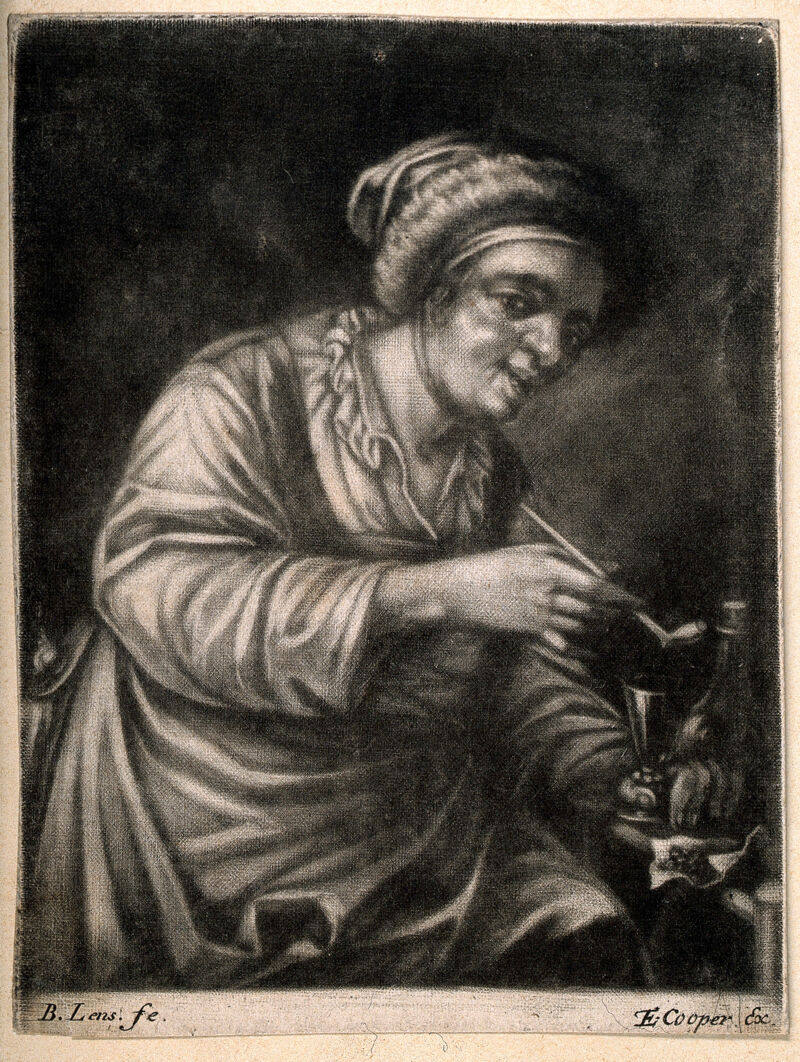 A woman holding a tobacco pipe and a drinking glass. Mezzotint by B. Lens., [1700?], by Bernard Lens II