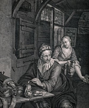 view A man sits smoking at a table as a woman brings him drink. Engraving by L. Gaineau, 1785, after G. Mieris.