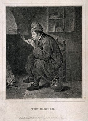 A man sits smoking by a fireplace with a jug on the floor beside him. Engraving, c. 1825.