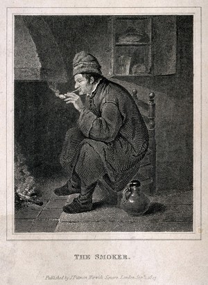 view A man sits smoking by a fireplace with a jug on the floor beside him. Engraving, c. 1825.