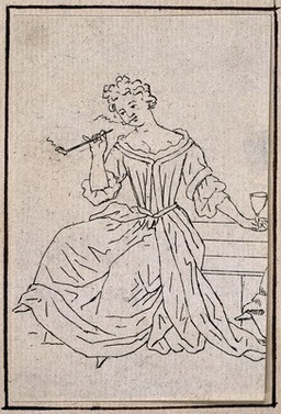 A woman smoking a pipe and holding a drinking glass. Etching.