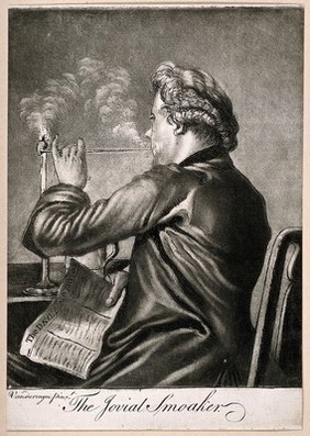 A man lighting his pipe from a candle while holding a newspaper. Mezzotint after Vandermyn.
